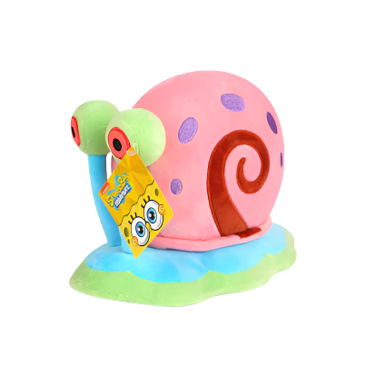 Colorful snail-shaped toy with a tag featuring a character, branded as 'SpongeBob SquarePants', on a white background.