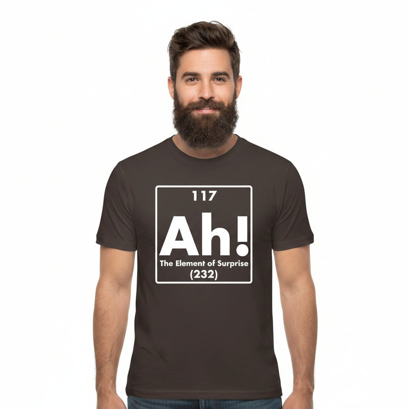 Brown t-shirt with white graphic and text on a white background