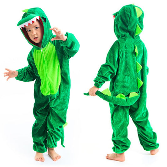 Children wearing dinosaur costume rompers