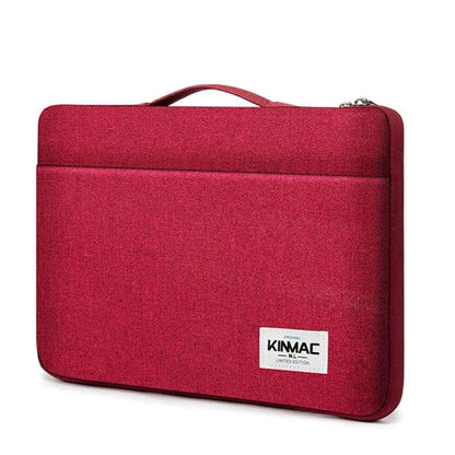Red laptop case with 'KINMAC' label on a white background