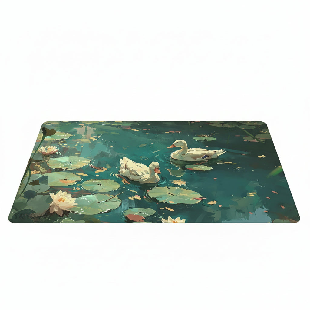 A large desk mat featuring a painted pond scene with two white ducks on green lily pads