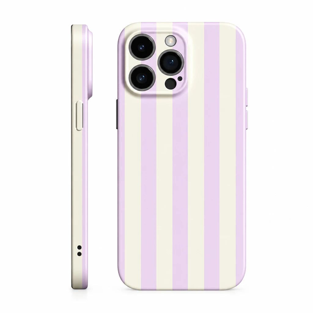 A phone case shown from the back and side, featuring a pastel vertical stripe pattern in lavender and cream, displayed on a white background.