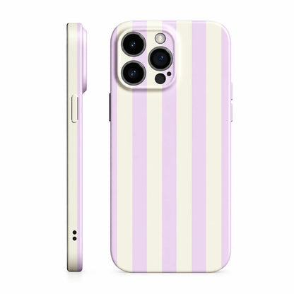 A phone case shown from the back and side, featuring a pastel vertical stripe pattern in lavender and cream, displayed on a white background.