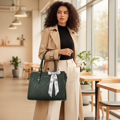 Woman carrying MOSISO floral laptop tote bag in green