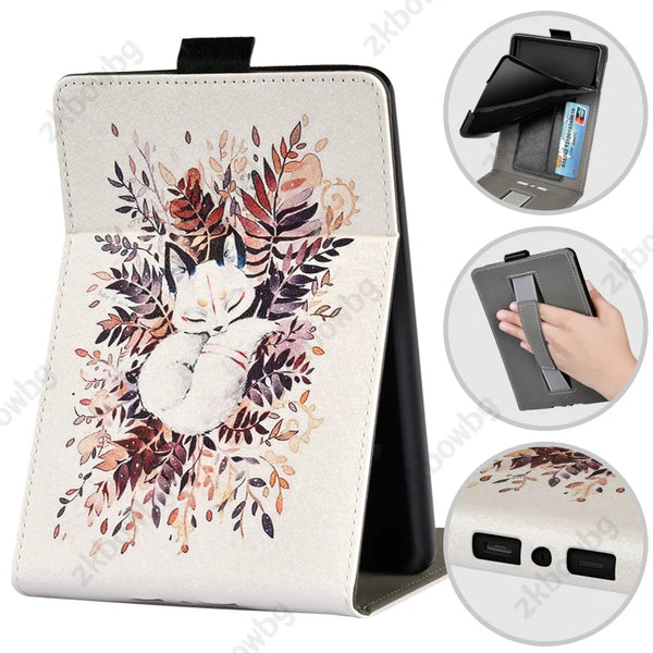 Floral Kindle case with card slots and stand on a white background