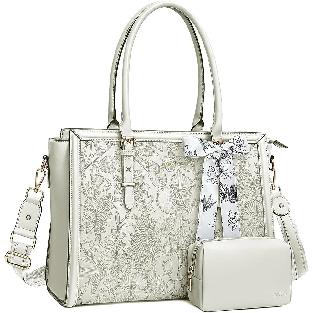 White MOSISO floral PU leather laptop tote bag