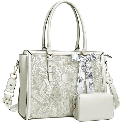 White MOSISO floral PU leather laptop tote bag
