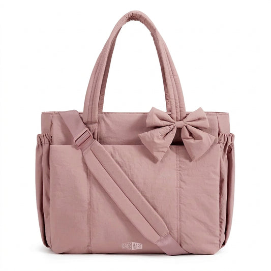 BAGSMART rose pink tote bag with bow detail and padded handles