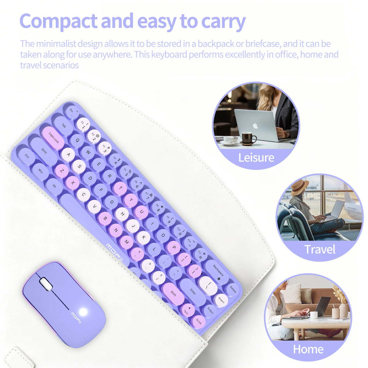 MOFII Purple keyboard and mouse set showing compact and easy to carry