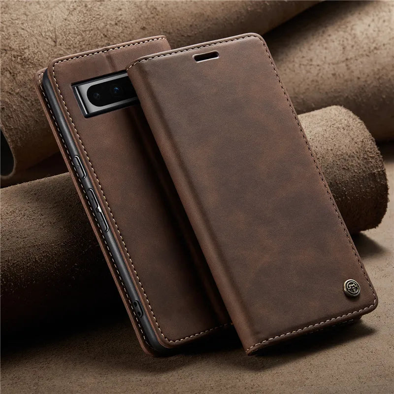 Brown leather phone case on a textured surface