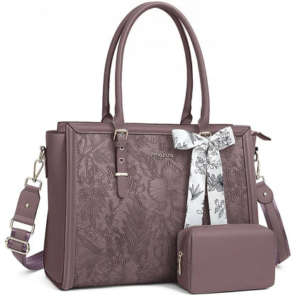 Mauve MOSISO floral PU leather laptop tote bag with matching pouch