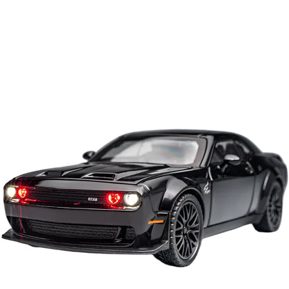 A black diecast car that looks just like a Dodge Challenger Hellcat car