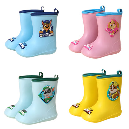 A collection of Paw Patrol themed kids' gumboots in blue, pink, and yellow colors, each featuring a character from the Paw Patrol show.