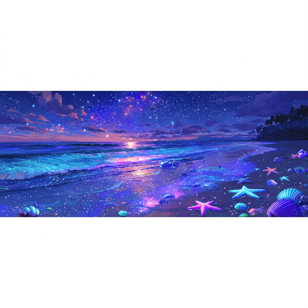 Rectangular desk mat showing a beautiful blue and purple night beach scene