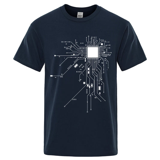 CPU Circuit Board Graphic T-Shirt – Unisex Cotton Tee in Dark Blue