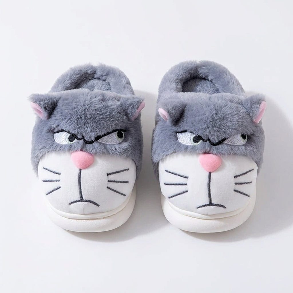 Grouchy Cat Plush Slippers – Funny Fluffy Indoor Slippers