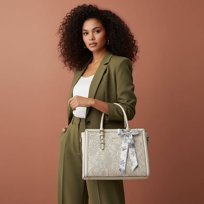 Woman carrying MOSISO floral laptop tote bag in white