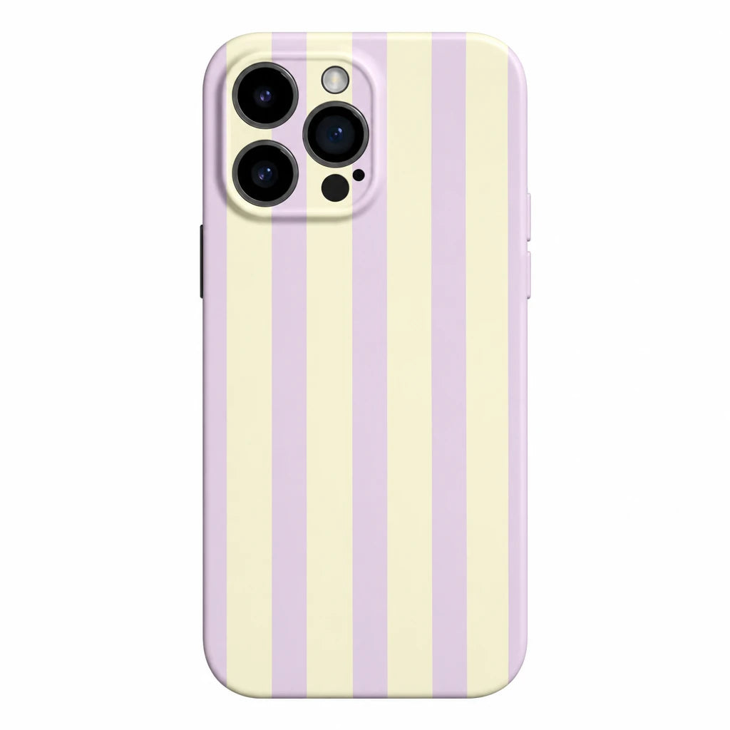 A protective phone case with vertical pastel stripes in lavender and cream, shown on a white background.