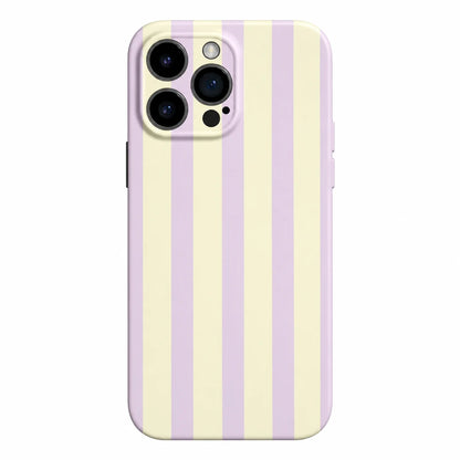 A protective phone case with vertical pastel stripes in lavender and cream, shown on a white background.