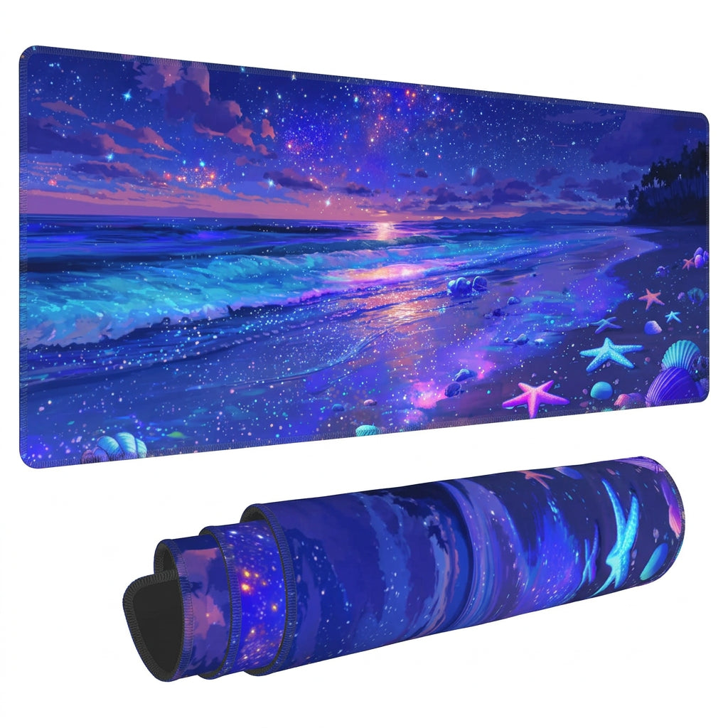 colourful beach themed purple and blue desk mat