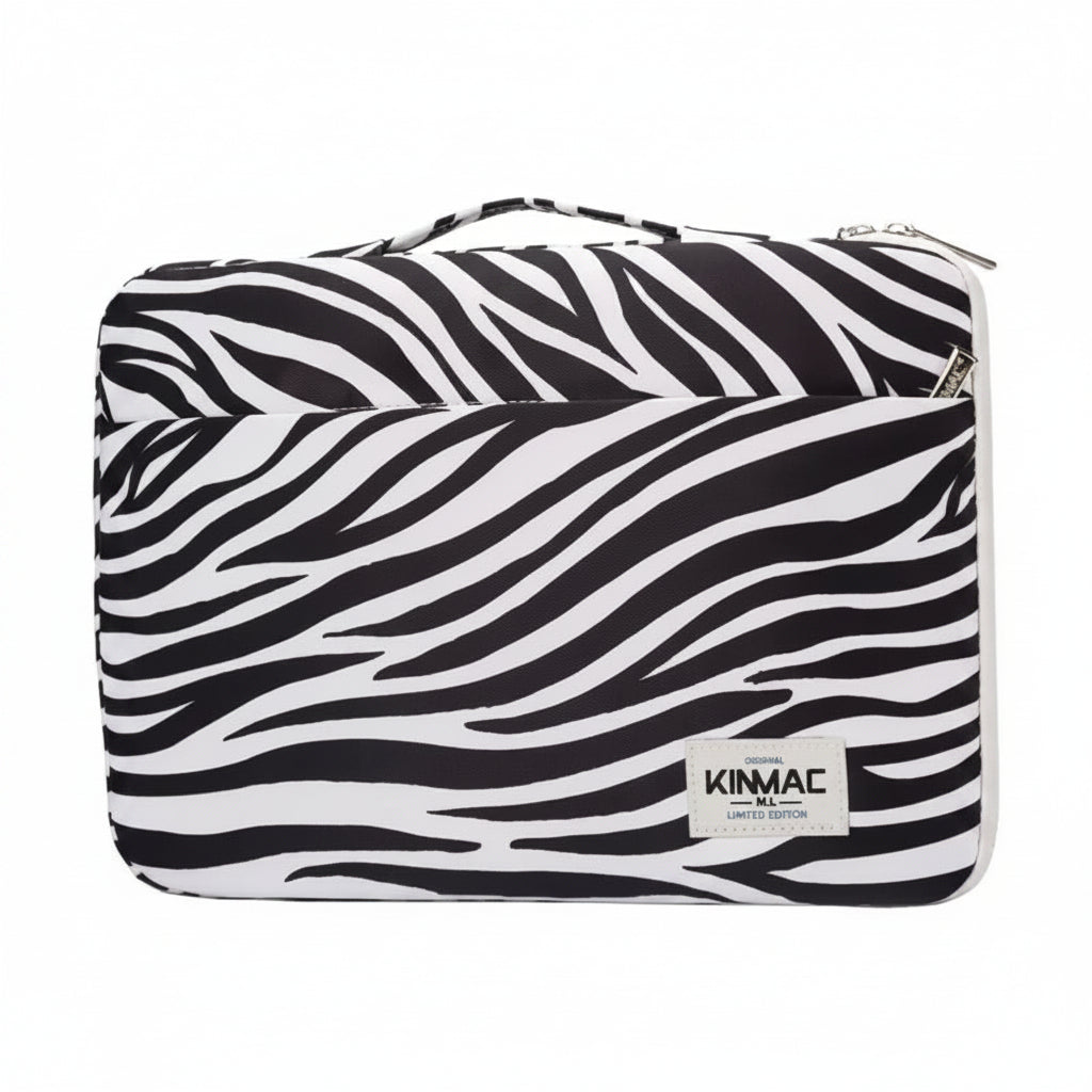 A KIMAC zebra-print carrying case with a black and white wavy stripe pattern, featuring a top handle and a white brand patch on the front.