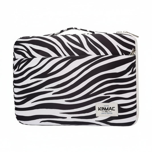 A KIMAC zebra-print carrying case with a black and white wavy stripe pattern, featuring a top handle and a white brand patch on the front.