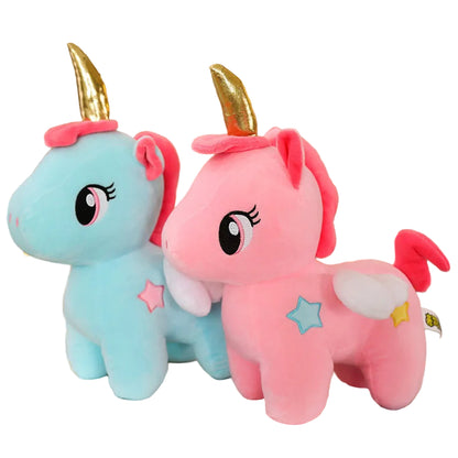 Two plush unicorns, one blue and one pink, with gold horns