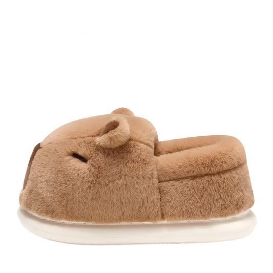 Capybara plush slipper side view showing soft fluffy upper and EVA sole