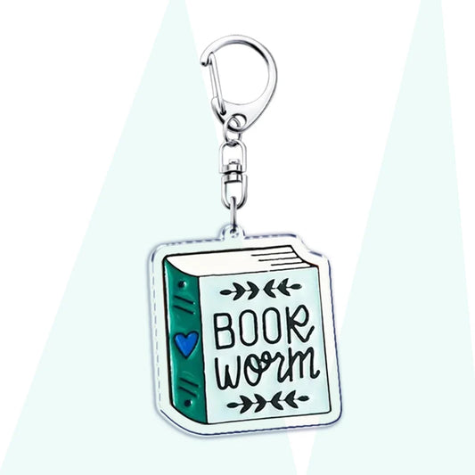 Keychain shaped like a book with 'Book Worm' text on a white background