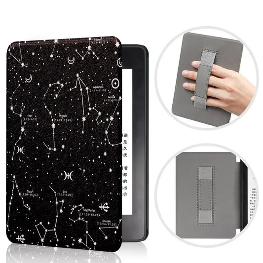 Black Kindle case with star constellations and a gray strap on a white background