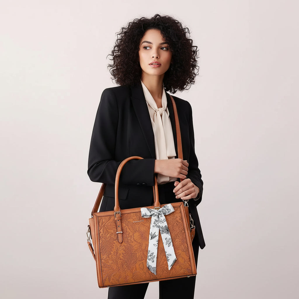 Woman carrying MOSISO floral laptop tote bag in brown