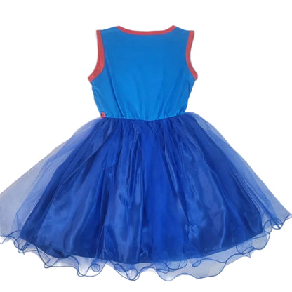 Blue dress with red trim on a light gray background