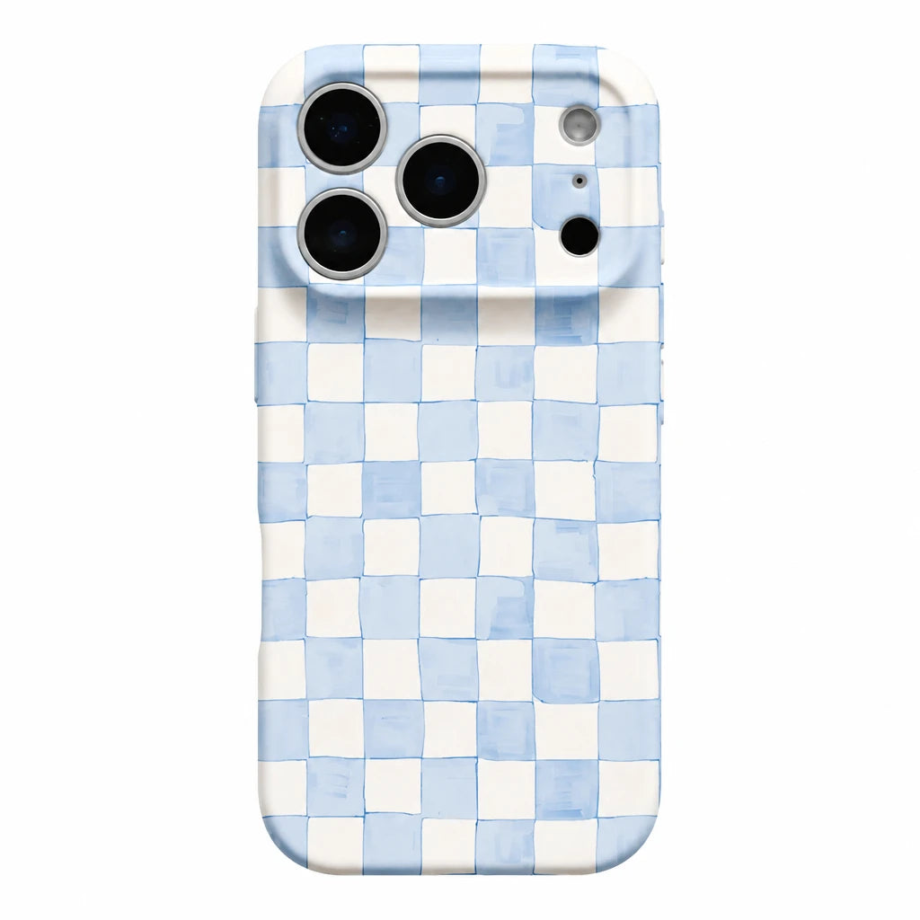Phone case with a blue and white checkered pattern on a light gray background