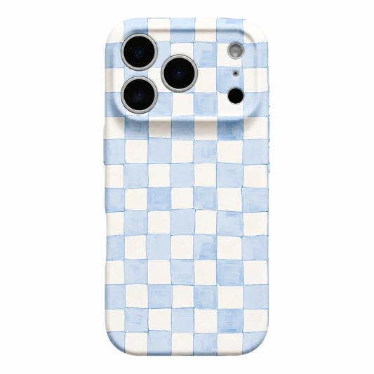 Phone case with a blue and white checkered pattern on a light gray background