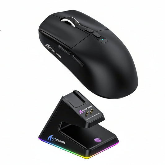 Black gaming mouse with charging dock on a gray geometric background, featuring Attack Shark branding.