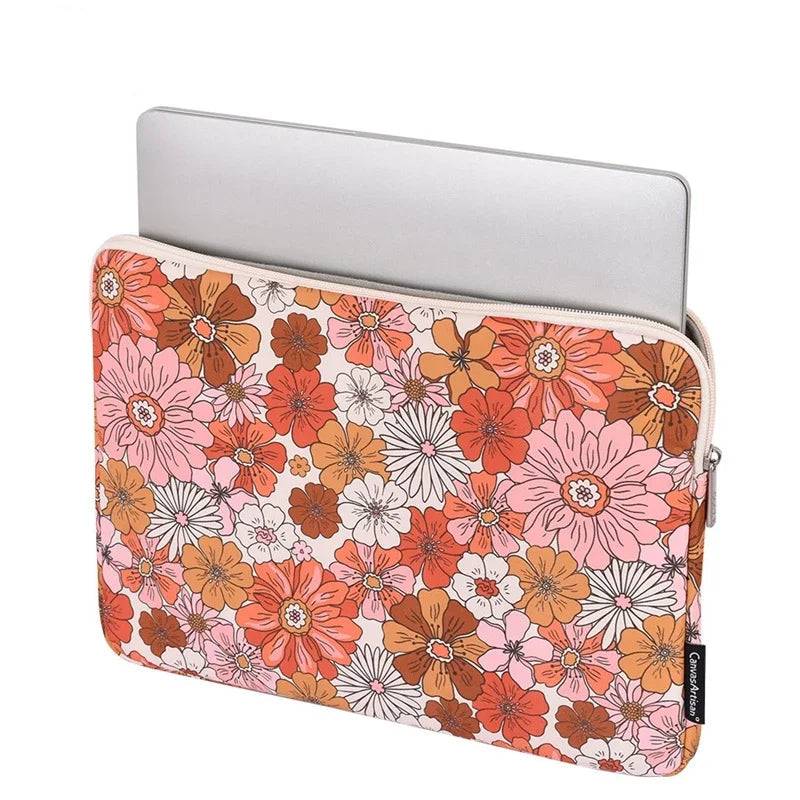 Floral 70s vibe laptop sleeve shown from the side