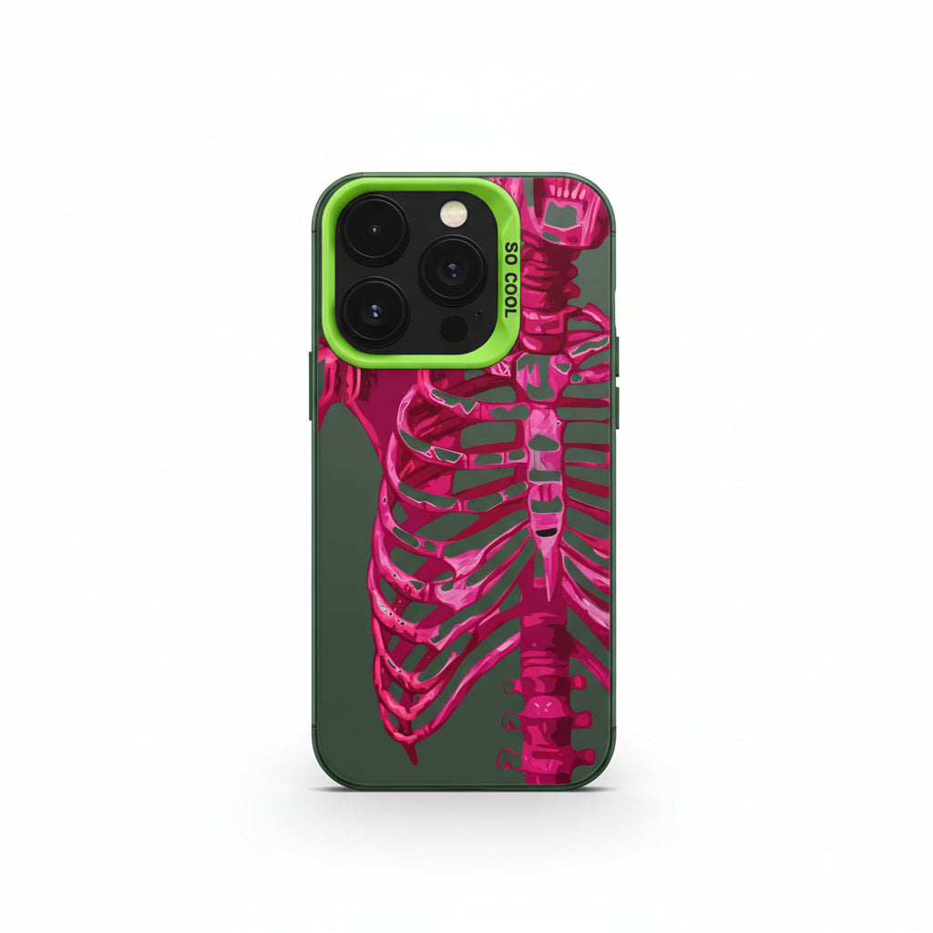 Pink skeleton iPhone case with green bumper