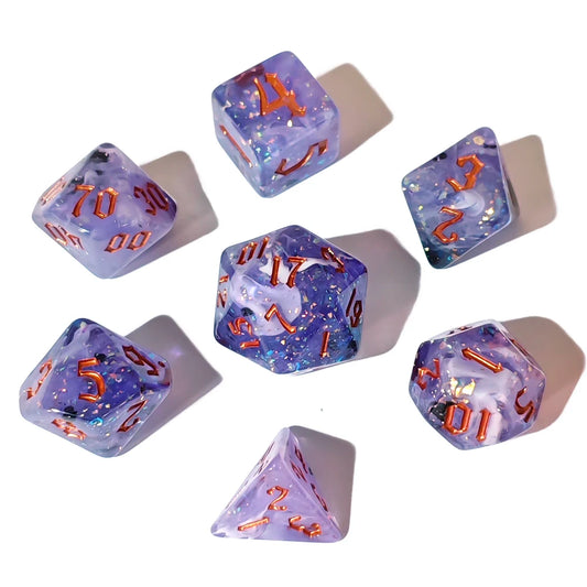 A set of seven translucent purple and lavender polyhedral gaming dice with copper-colored numbers and embedded glitter, arranged on a white background with soft shadows.