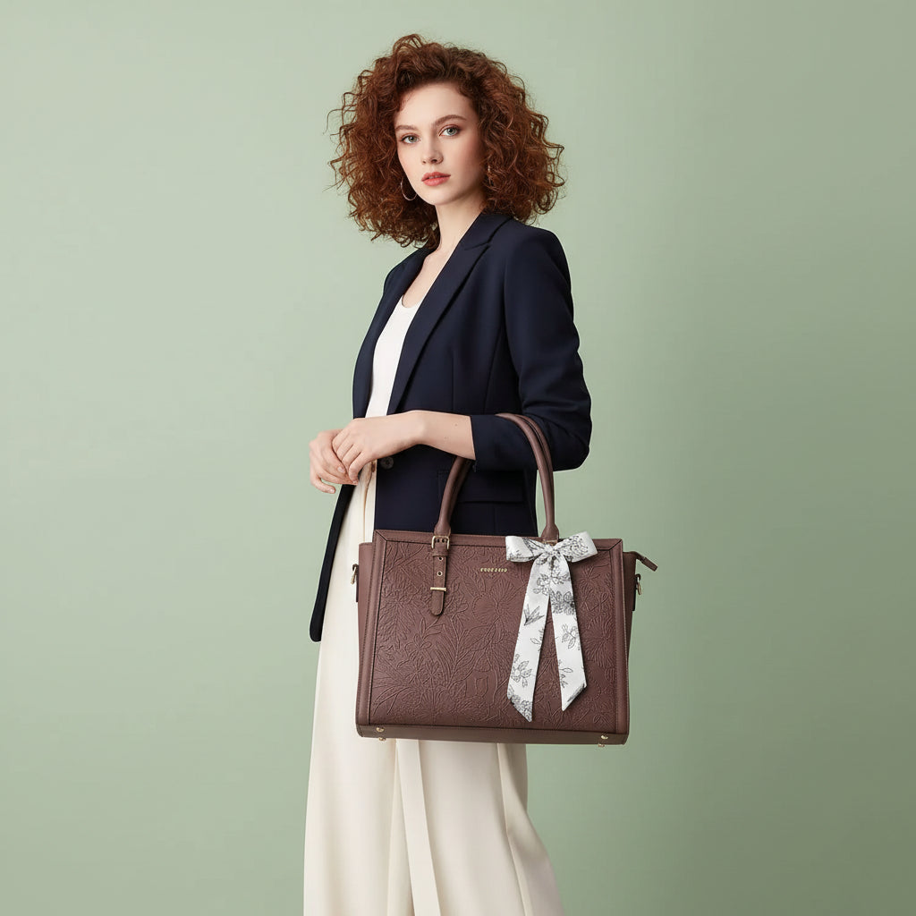 Woman carrying MOSISO floral laptop tote bag in burgundy