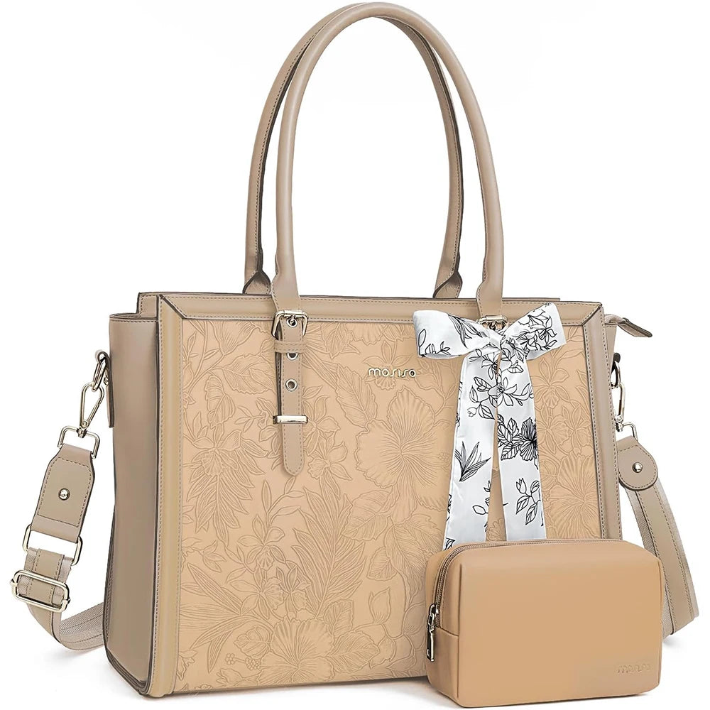 Apricot MOSISO floral PU leather laptop tote bag with matching pouch