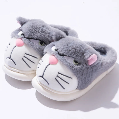Grouchy Cat Plush Slippers – Funny Fluffy Indoor Slippers