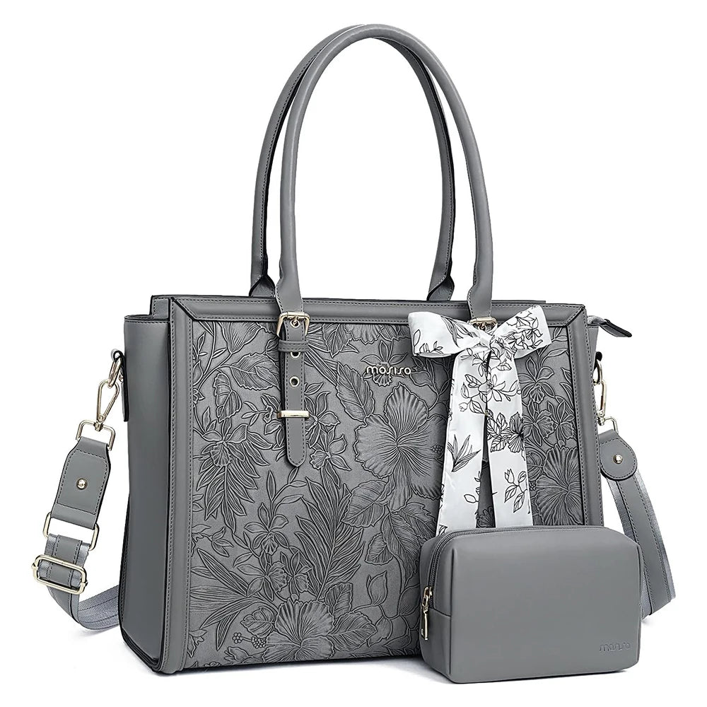 Grey MOSISO floral PU leather laptop tote bag with matching pouch