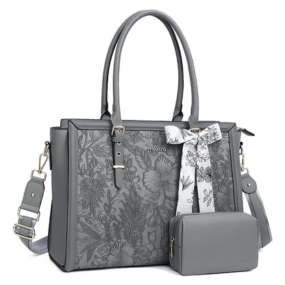 Grey MOSISO floral PU leather laptop tote bag with matching pouch