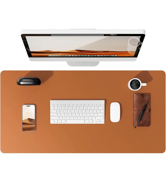 Brown PU leather desk mat with keyboard and mouse