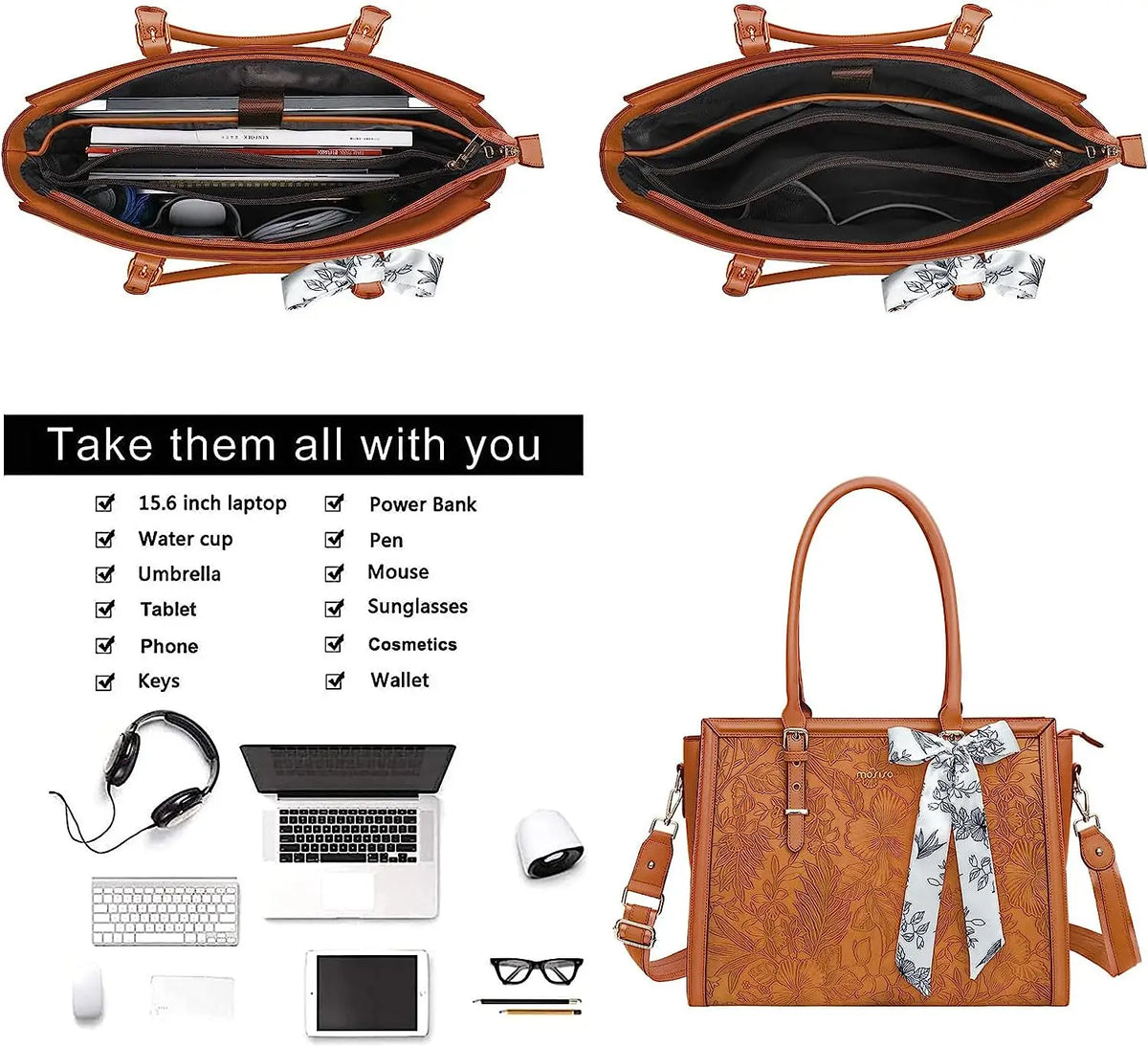 MOSISO floral laptop tote bag showing compartments and accessories