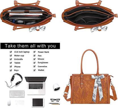 MOSISO floral laptop tote bag showing compartments and accessories