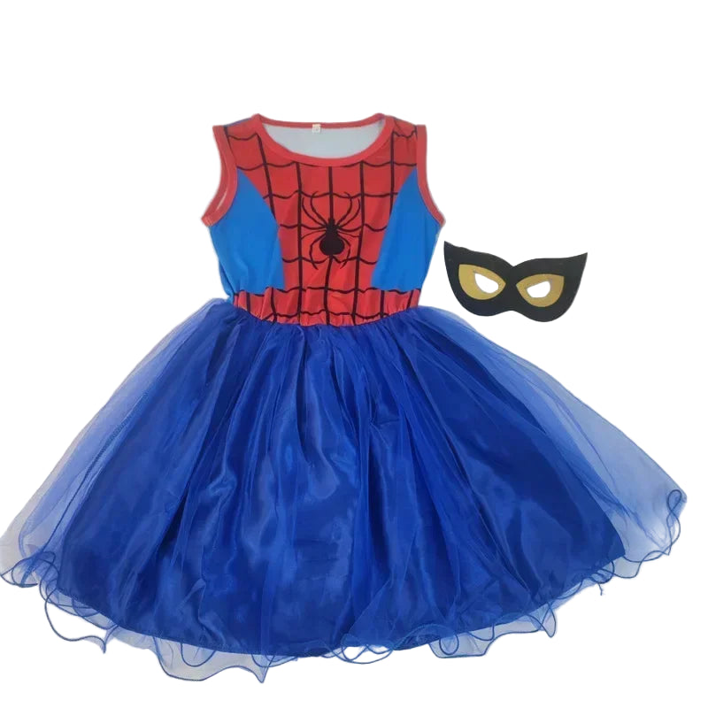Blue dress with Spider-Man design and black mask on a light gray background