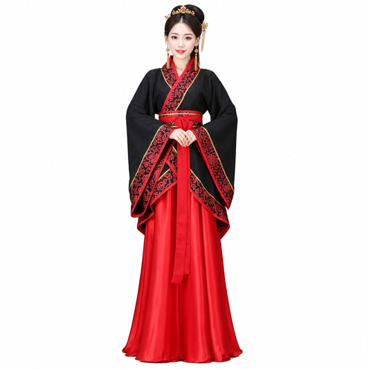 Traditional black and red dress with intricate patterns on a white background