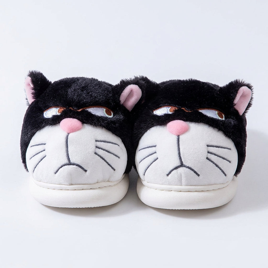 Grouchy Cat Plush Slippers – Funny Fluffy Indoor Slippers