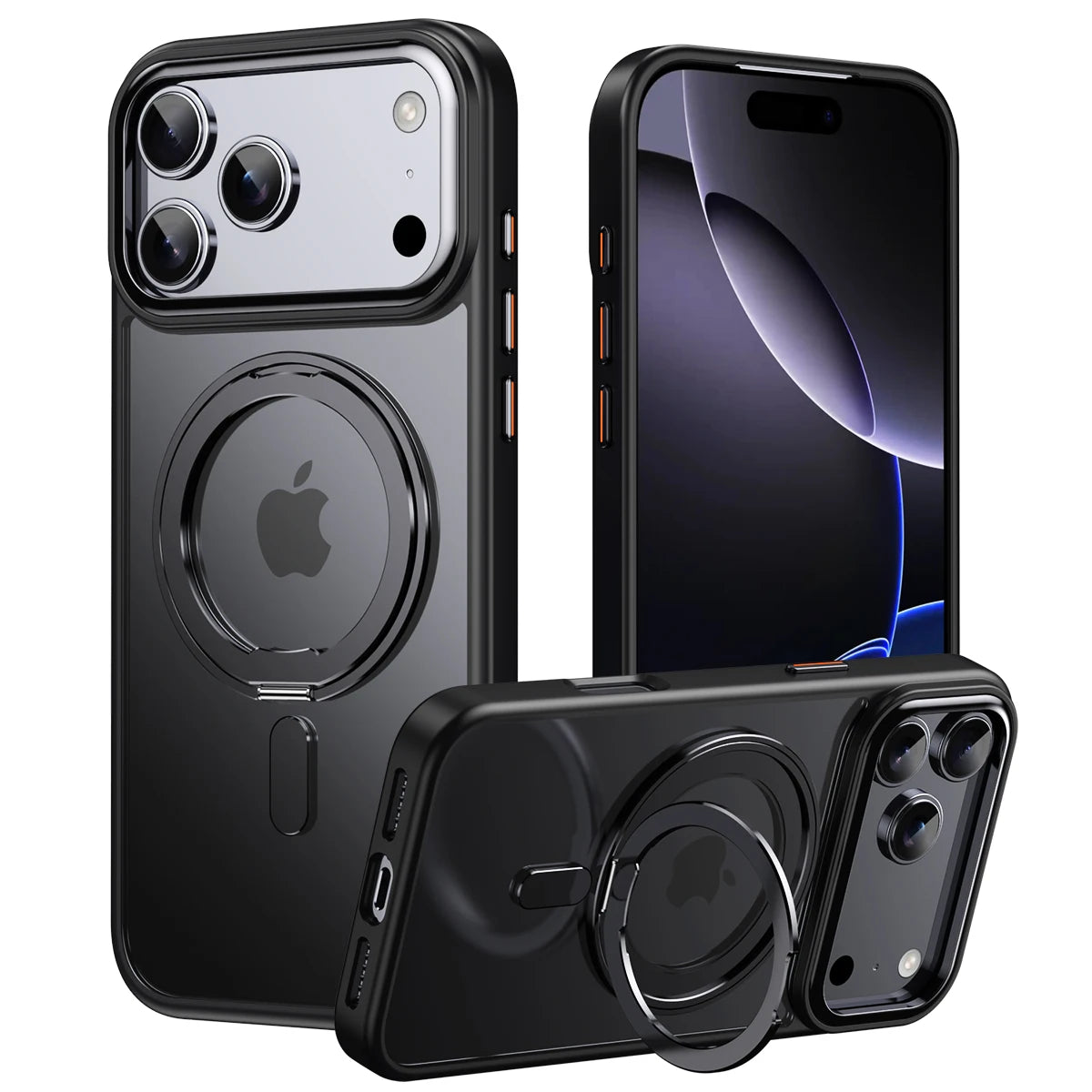 Black magnetic iPhone case with 360° rotating ring kickstand